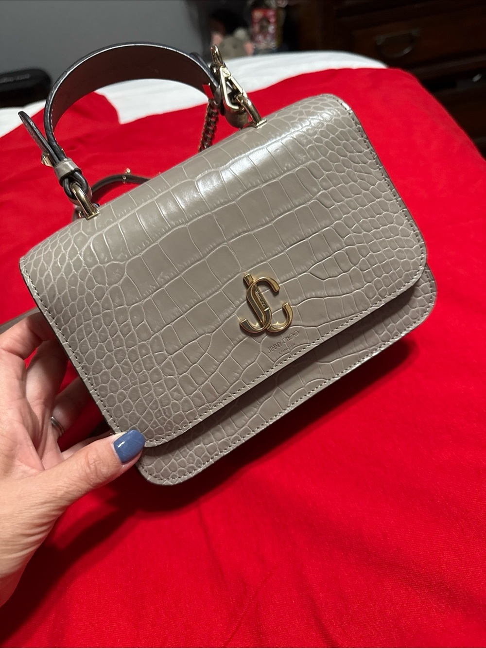 Jimmy Choo Taupe Croc-Embossed Top Handle Satchel with Gold Hardware